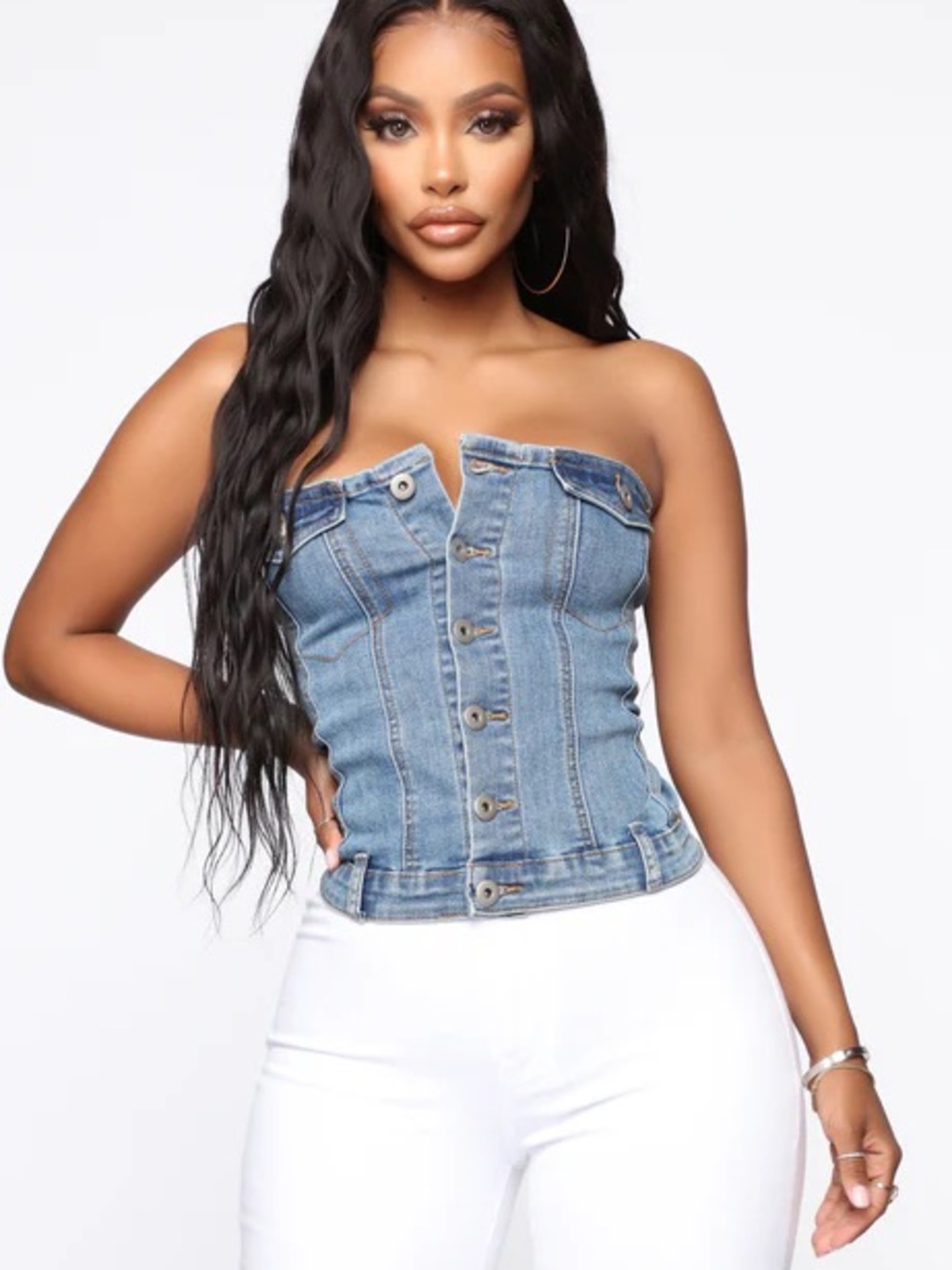Fashion Nova Strapless Denim Button-Front Corset Top - Light Blue Size Small
